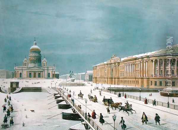 The Isaac Cathedral and the Senate Square in St Petersburg, 1840s Oil Painting - Roussel, Paul Marie