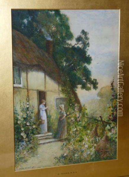 Figures Outside A Country Cottage Oil Painting - Fred Hines