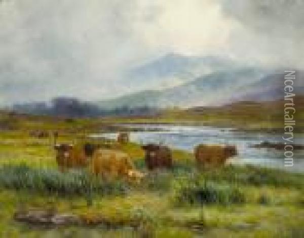 Highland Cattle Watering At A River Oil Painting - Louis Bosworth Hurt