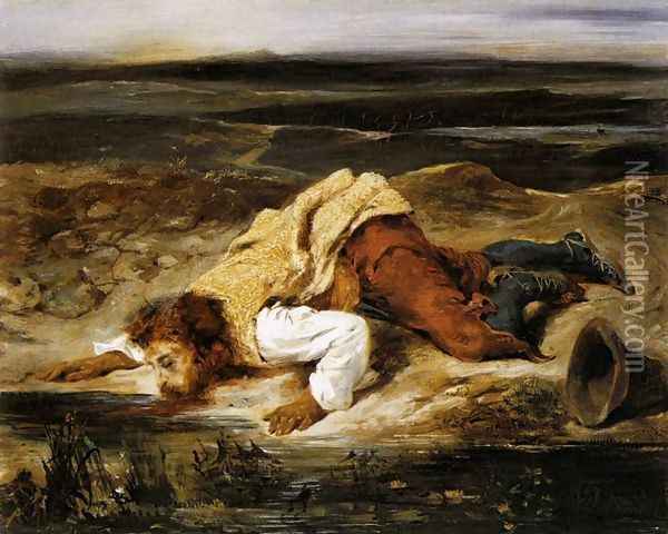 A Mortally Wounded Brigand Quenches his Thirst Oil Painting - Eugene Delacroix