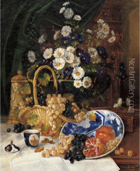 Floral Still Life With Grapes And Pomegrantes Oil Painting - Eugene Henri Cauchois