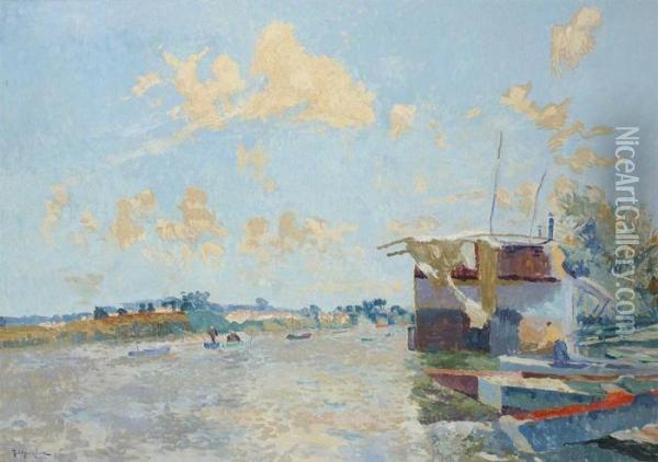 Barge Sur La Seine Oil Painting - Jules Merckaert