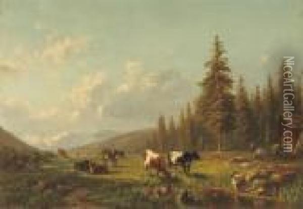 Cattle In The Mountains Near A Stream Oil Painting - Willem Jan Van Den Berghe