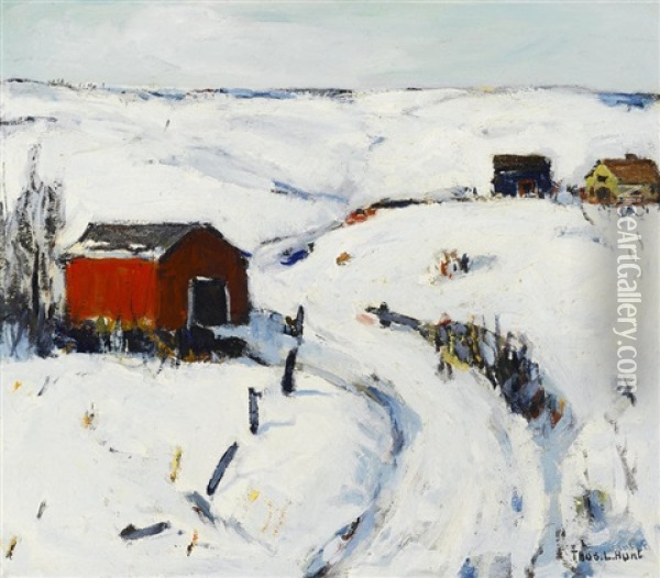 The Red Barn (snowy Pond) Oil Painting - Thomas Lorraine Hunt