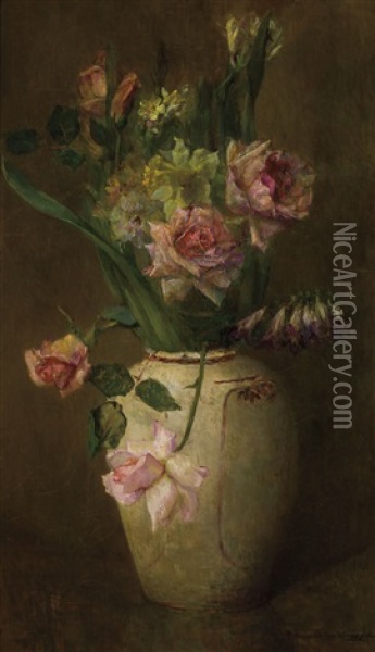 Springflowers With Roses, Daffodils And Larkspur Oil Painting - Maria Oakey Dewing