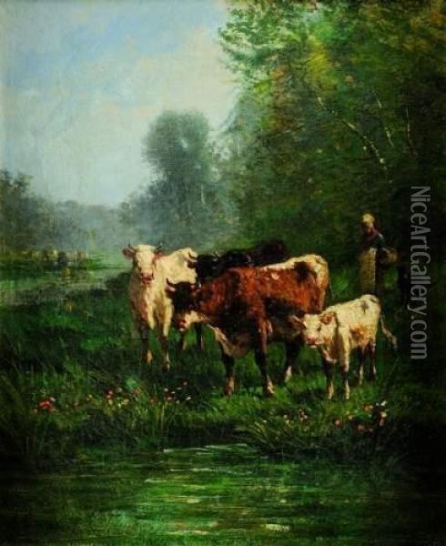 Bergere Menant Ses Vaches A L'abreuvoir Oil Painting - Andres Cortes Yaguilar