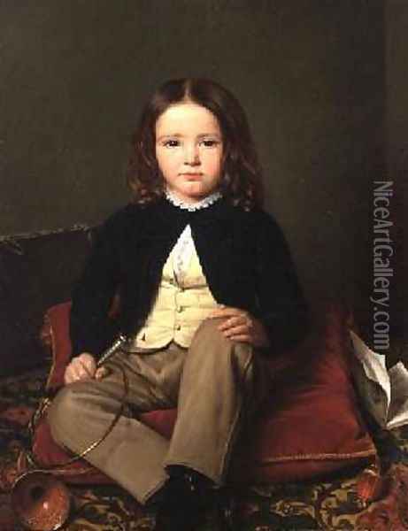 Portrait of a Boy seated on a Cushion holding a Horn Oil Painting - Charles Paulin Francois Matet