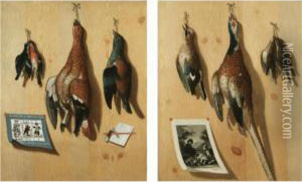 A Pair Of Still Lifes; A Hen Pheasant, Finches And A Jay Hanging From A Wooden Backdrop With A Bavarian Game Card, A Penknife And A Letter; A Cock Pheasant, Songbirds And A Jay Hanging From A Wooden Backdrop With A Print Of A Sportsman With Game Oil Painting - Joseph Nathan Marquard De Trey