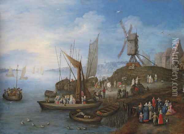 Sailing boats and a windmill at a port Oil Painting - Joseph van Bredael