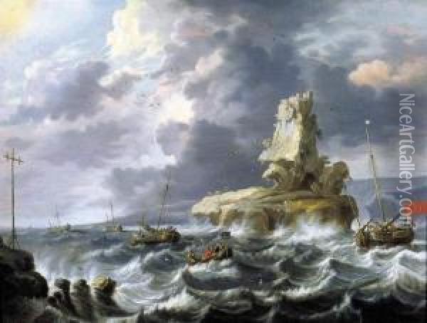 Vissersboten Bij Rotskunst Oil Painting - Cornelis Mahu