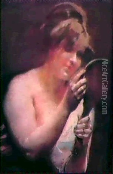 Jeune Femme Au Miroir (pastel On Paper Mounted On Canvas) Oil Painting - Albert Besnard