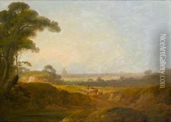 A Landscape With A Peasant 
Pasturing His Flockin The Roman Campagna; And A Landscape At Sunset With
 A Peasant Andhis Flock Resting By The Lakeside, A Town In The 
Background Oil Painting - John Rathbone
