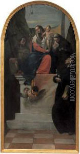 Madonna Col Bambino In Trono Tra
 I Santi Francesco, Antonio Da Padova E Gaetano Da Thiens Oil Painting - Francesco Zugno