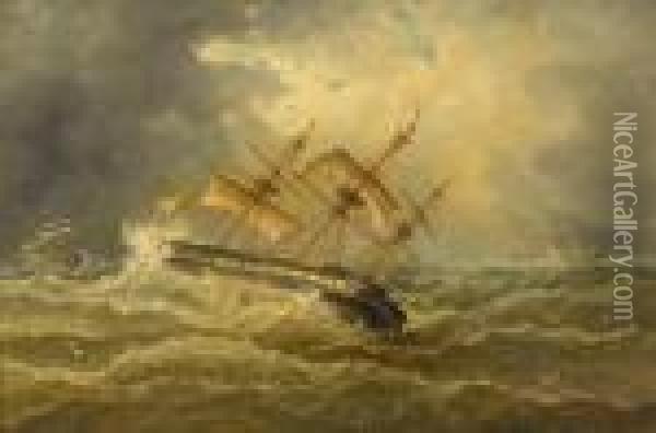 Rigged Ship In Rough Seas Oil Painting - John Moore Of Ipswich