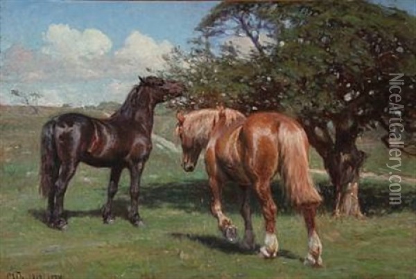 Summer Landscape With Two Horses Oil Painting - Hans Michael Therkildsen