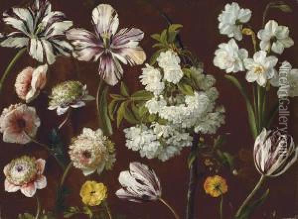 Purple Tulips, White Flowering Prunus, Narcissus And Pinkchrysanthemum Oil Painting - Pancrace Bessa