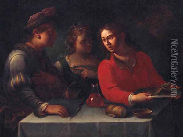 Three figures at a table with a bowl of pulses, a flask of wine, a knife, bread and a bowl Oil Painting - Emilian School