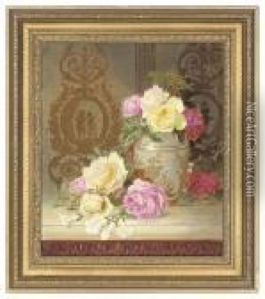 Roses In A Vase Oil Painting - Thomas Worsey