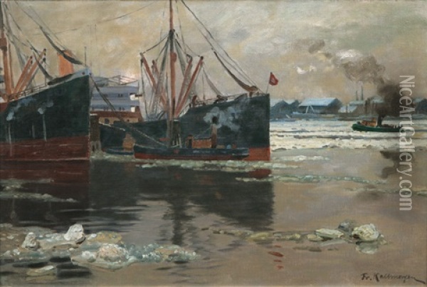 Ice In The Port Of Hamburg Oil Painting - Friedrich Kallmorgen