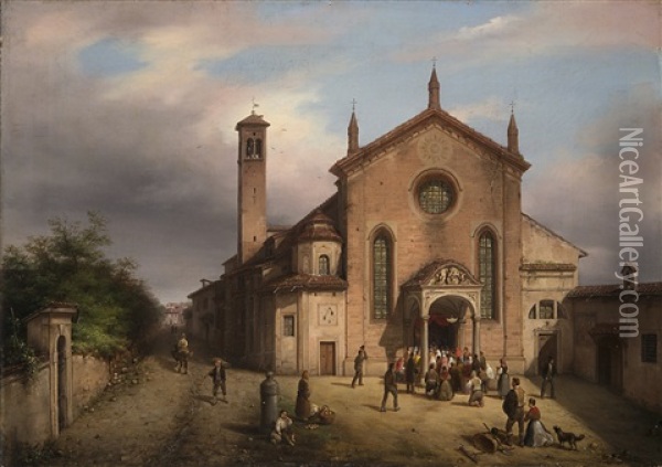Processione Di Fedeli Alla Chiesa Di Santa Maria Della Pace In Milano Oil Painting - Carlo Canella