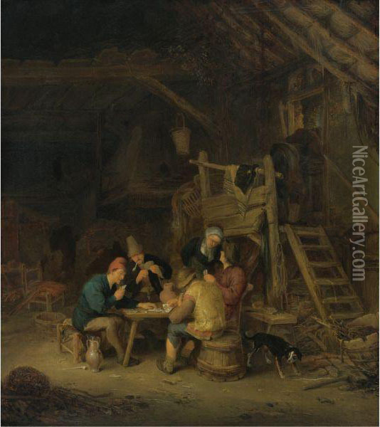 Four Card Players In A Rustic Interior Oil Painting - Adriaen Jansz. Van Ostade