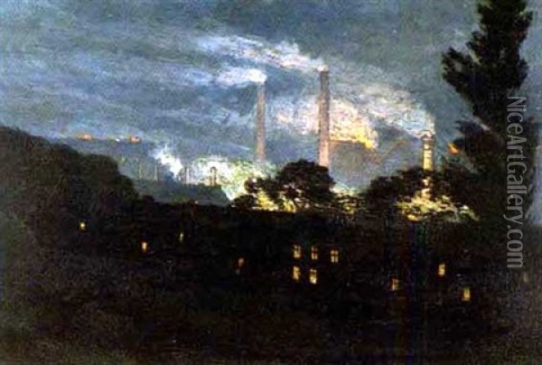 Paysage Nocturne Avec Cheminees D'usines Oil Painting - Omer Coppens