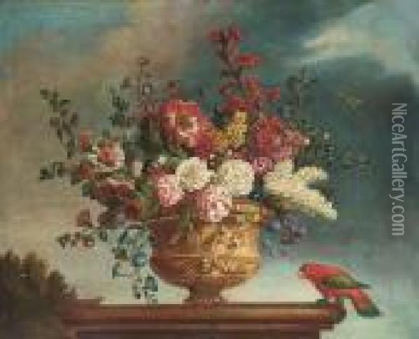 Summer Flowers In A Vase On A 
Plinth, With A Parrot And Butterflyto The Side; And Another Similar Oil Painting - Jean-Baptiste Monnoyer