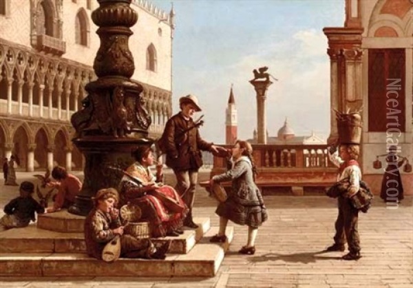 Young Musicians In Piazza San Marco, Venice Oil Painting - Antonio Ermolao Paoletti