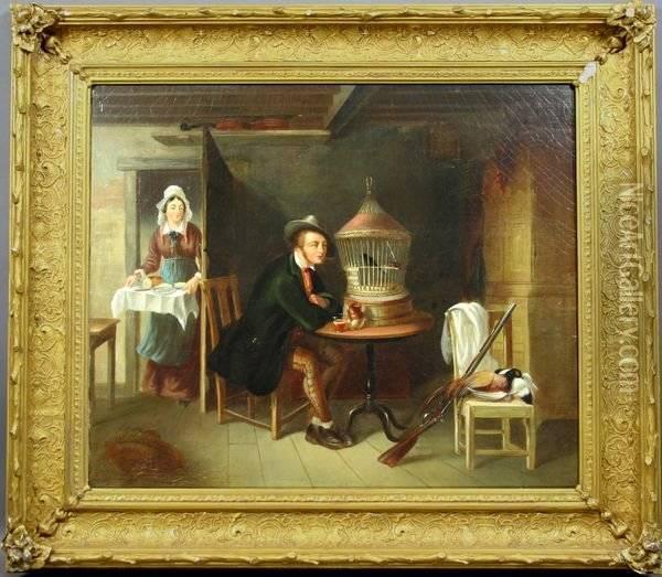Man With A Birdcage Oil Painting - Frederick Rondel Sr.