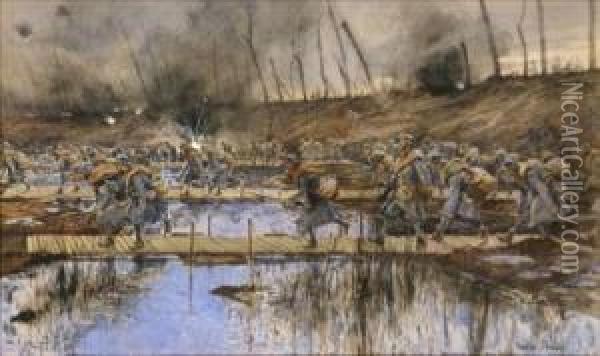 Infantry Battle Scene Oil Painting - Francois Flameng