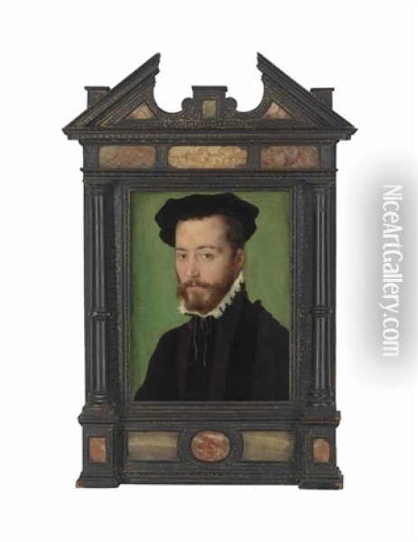 Portrait Of A Gentleman, Bust-length, In A Black Jacket And Collar, Wearing A Beret Oil Painting -  Corneille de Lyon
