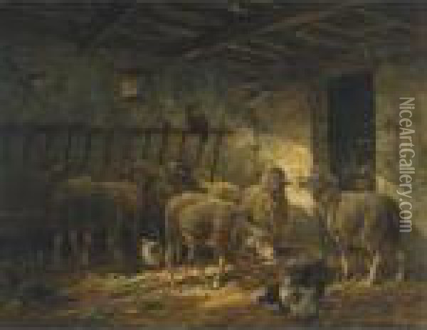 Sheep In A Barn Oil Painting - Charles Emile Jacque
