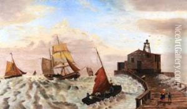 Barques Sous Voiles Pres De La Digue Oil Painting - Ange Tissier