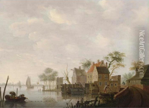 A Village Along A River With Fishermen Fishing In Front, Three Sailing Vessels Beyond Oil Painting - Hendrick Willelm Schweickhardt