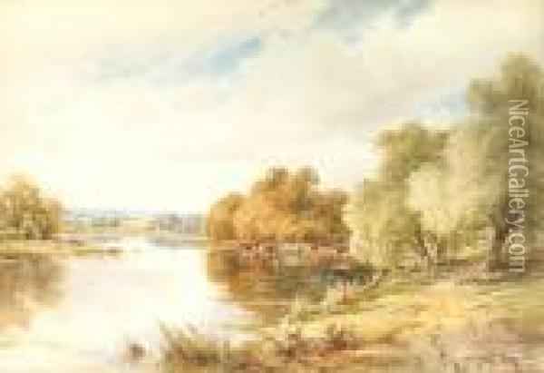 Cattle Watering By A Tranquil River Oil Painting - Henry Hillier Parker