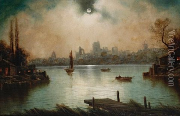 Moonlit River Scenes (+ Similar; Pair) Oil Painting - Nils Hans Christiansen