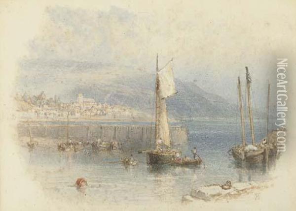 Lyme Regis From The Cobb Oil Painting - Myles Birket Foster