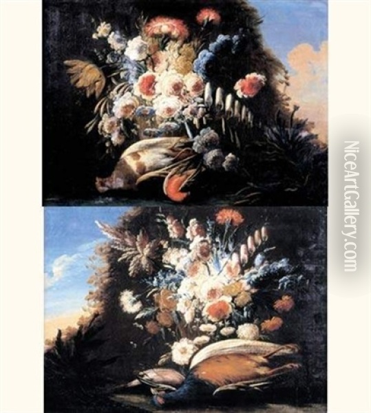 Nature Morte Au Vase De Fleurs Et Faisan (+ Nature Morte Au Vase De Fleurs Et Perdrix; Pair) Oil Painting - Nicola Casissa
