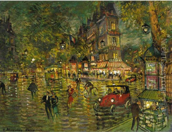 Paris Street Scene With Tram And Red Car Oil Painting - Konstantin Alexeievitch Korovin