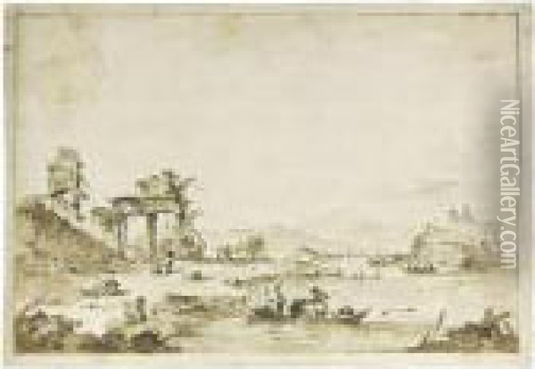 A Capriccio With Figures, An Island To The Right And A Boatin The Foreground Oil Painting - Francesco Guardi