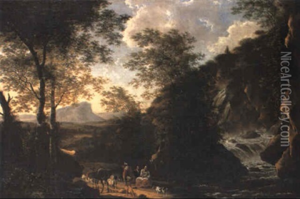 Italianate Landscape With Peasants On A Path By A Waterfall Oil Painting - Willem de Heusch