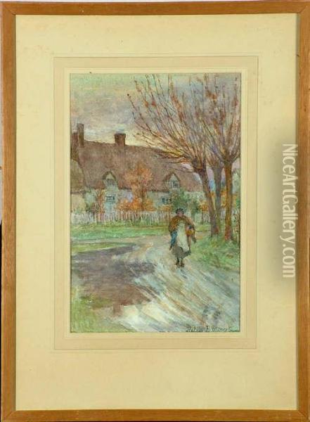 H*** Margetson 13 1/2in. X 9in. The Rain Is Over-a Village Street Scene Signed Oil Painting - Helen Howard Hatton