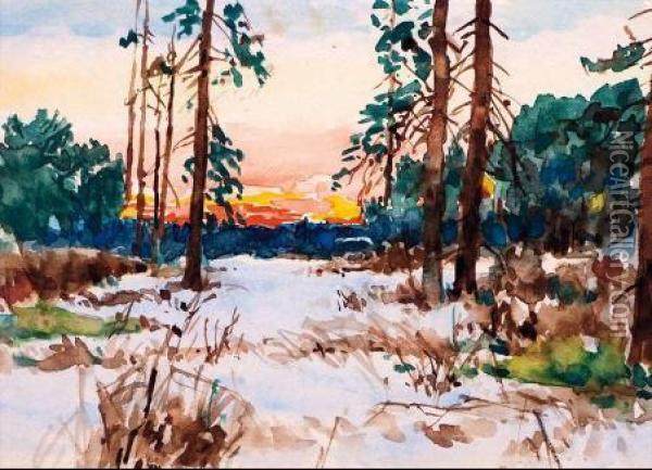 Las Zimowy W Swietle Zachodzacego Slonca Oil Painting - Josef Graczynski