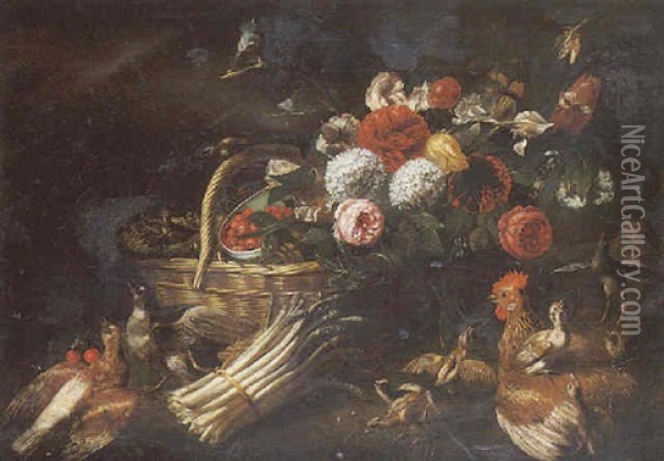 Panier De Fleurs Et De Fruits, Botte D'asperges Et Volatiles Oil Painting - Pieter Casteels III