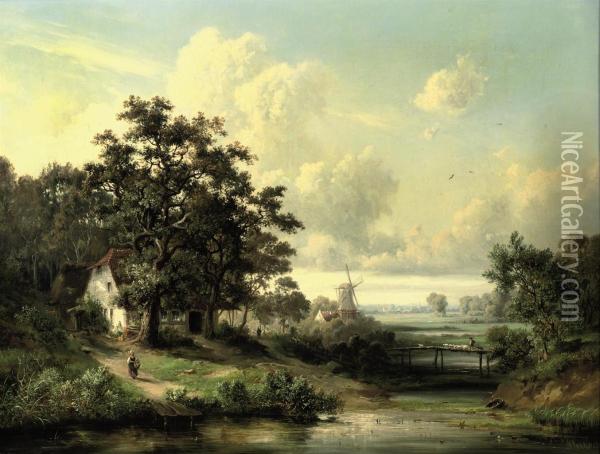 Figures In A Landscape With A Farmhouse And A Mill Oil Painting - Karl-Georg Koester