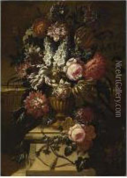 A Still Life With Roses, Peonies, Tulips And Other Flowers In A Oil Painting - Pieter Hardime
