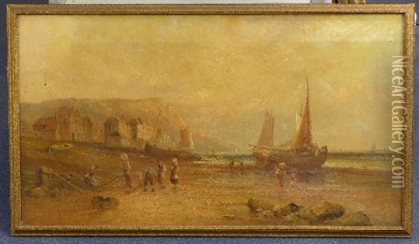 Fisherfolk On The Shore At Low Tide Oil Painting - Alfred Pollentine