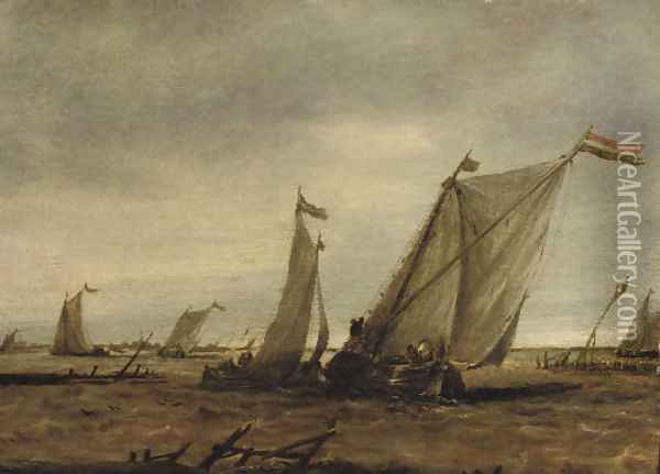 Fishing boats in choppy waters Oil Painting - Abraham Van Beijeren