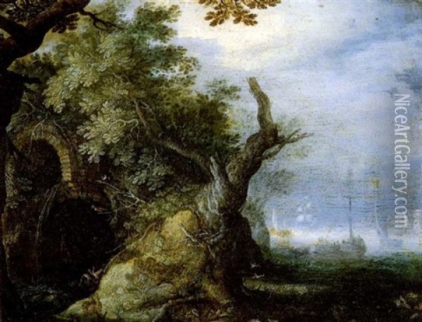 Paysage A La Grotte Et Au Tronc D'arbre Oil Painting - Roelandt Savery