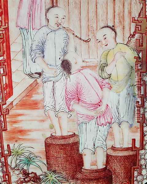 Detail from a vase depicting men packing tea Oil Painting - Anonymous Artist
